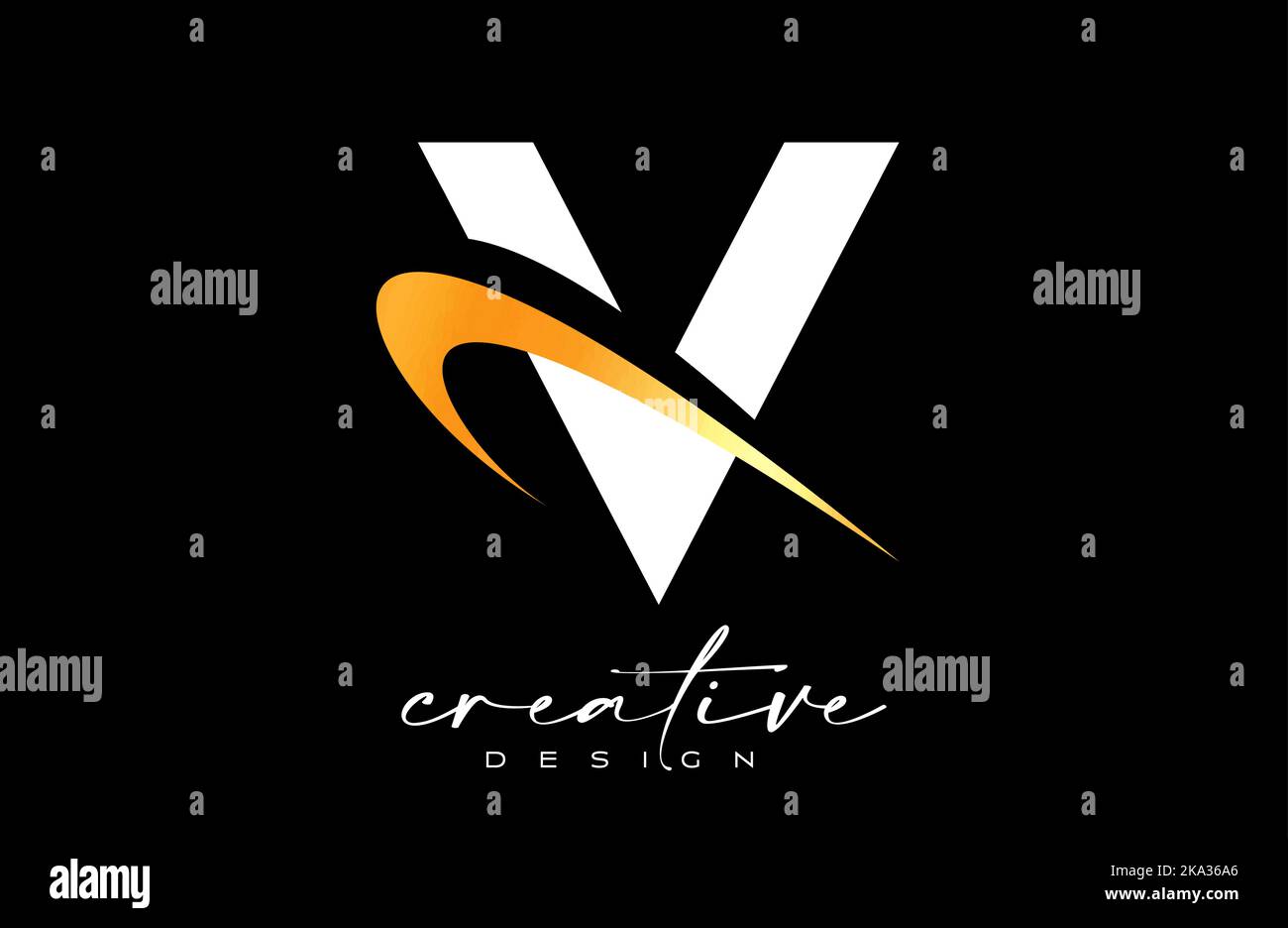 V Letter Logo Design with Creative Golden Swoosh. Letter v Initial icon ...