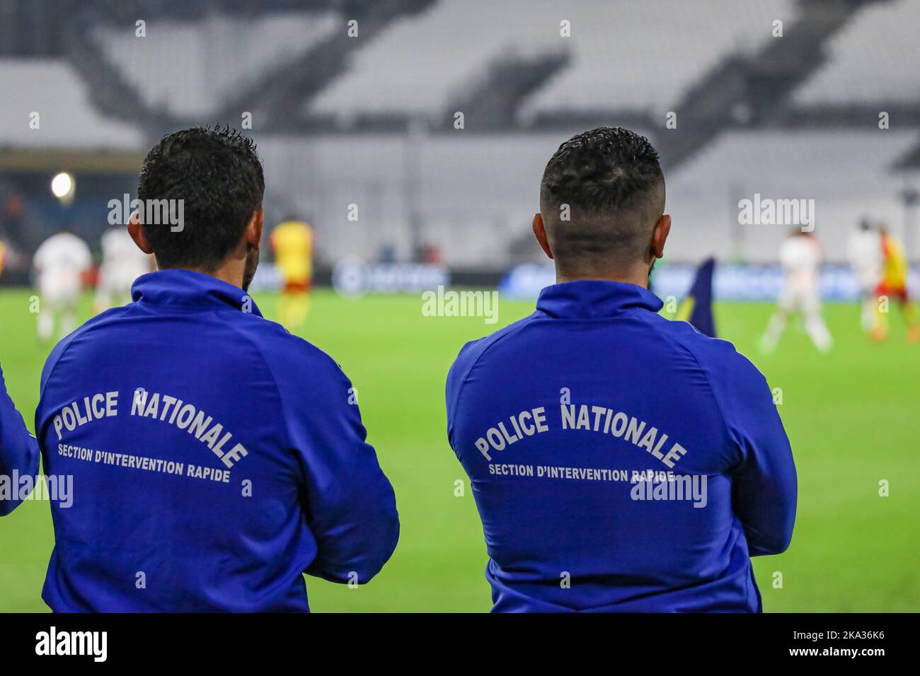 National french police officers during the french Ligue 1 Uber Eats match between OLYMPIQUE DE MARSEILLE and RACING CLUB DE LENS at Orange Velodrome s Stock Photo