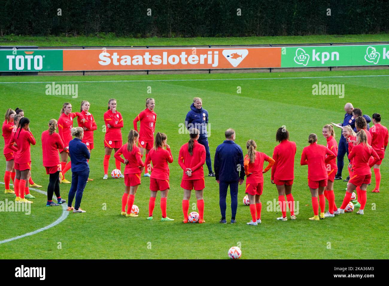 ZEIST, NETHERLANDS - OCTOBER 8: Daphne van Domselaar of the Netherlands, Lize Kop of the Netherlands, Barbara Lorsheyd of the Netherlands, Jacintha Weimar of the Netherlands, Caitlin Dijkstra of the Netherlands, Merel van Dongen of the Netherlands, Lisa Doorn of the Netherlands, Kika van Es of the Netherlands, Aniek Nouwen of the Netherlands, Lynn Wilms of the Netherlands, Jill Bayings of the Netherlands, Kerstin Casparij of the Netherlands, Danielle van de Donk of the Netherlands, Kayleigh van Dooren of the Netherlands, Damaris Egurrola of the Netherlands, Jackie Groenen of the Netherlands, M Stock Photo