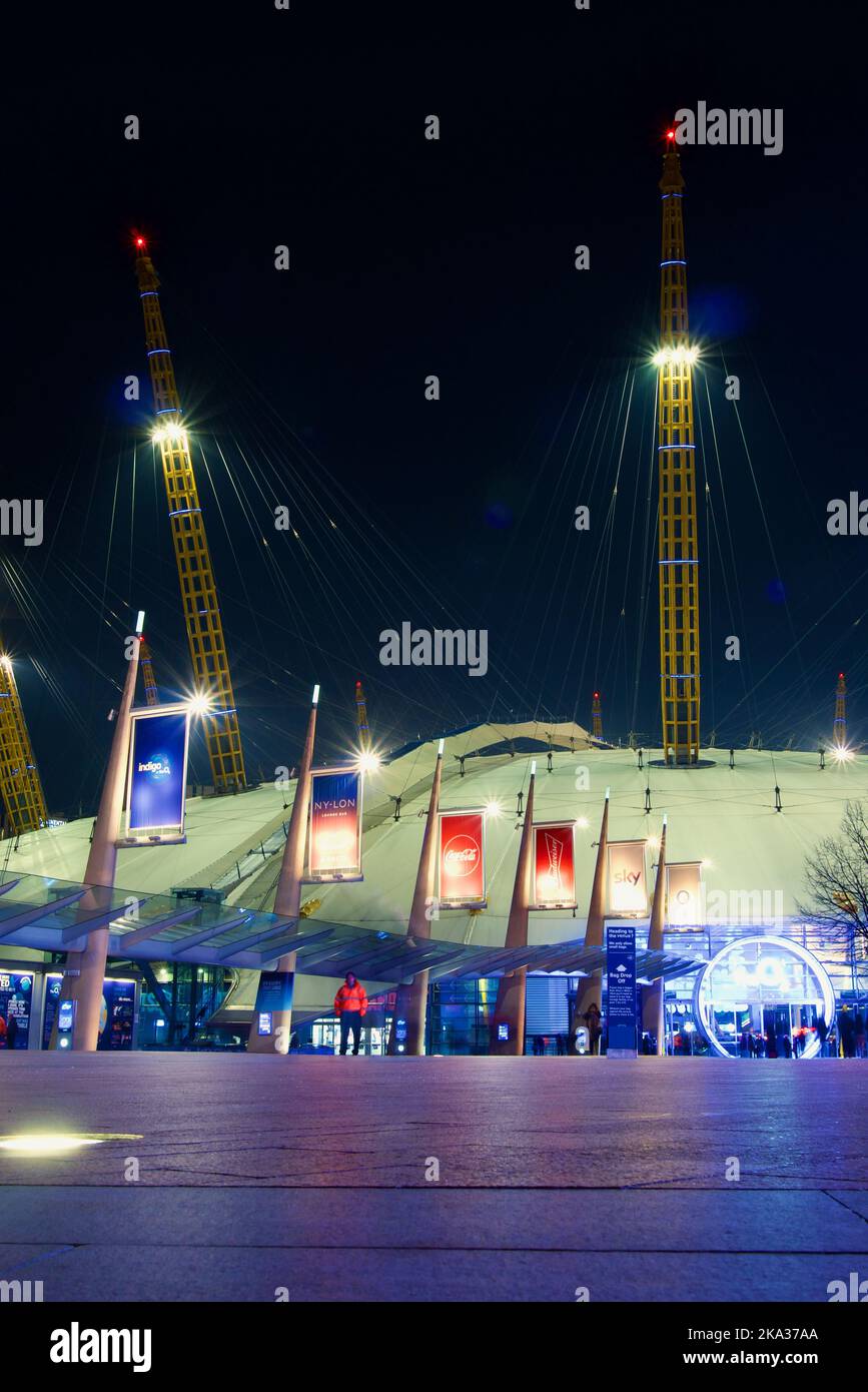 A vertical night shot of famous O2 Arena at North Greenwich, London, United Kingdom Stock Photo