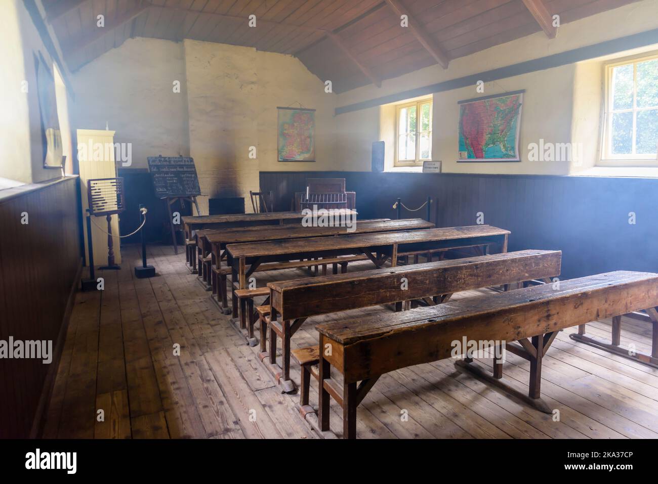 Smoke from a fire fills the air inside an old Irish schoolhouse. Stock Photo