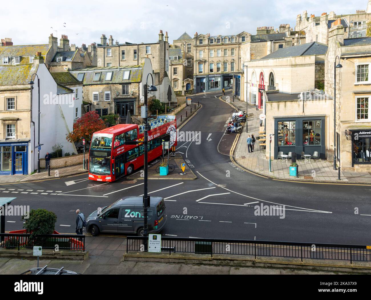 Open top double decker tour bus, Walcot Street, Bath, Somerset, England, UK Stock Photo