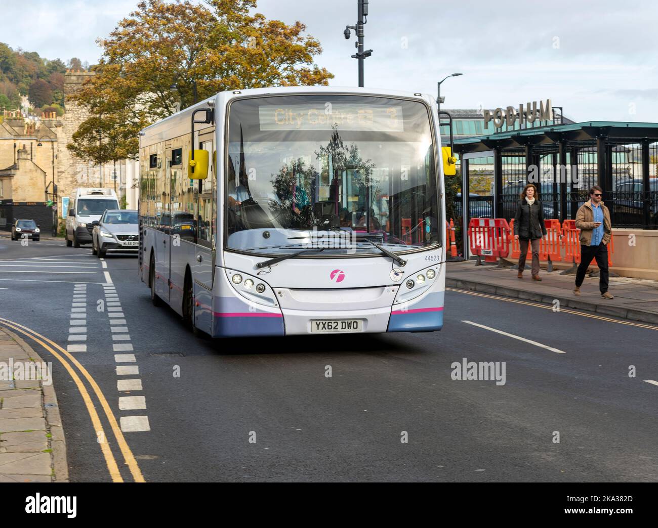 Single decker First Group bus for City Centre, Walcot Street, Bath