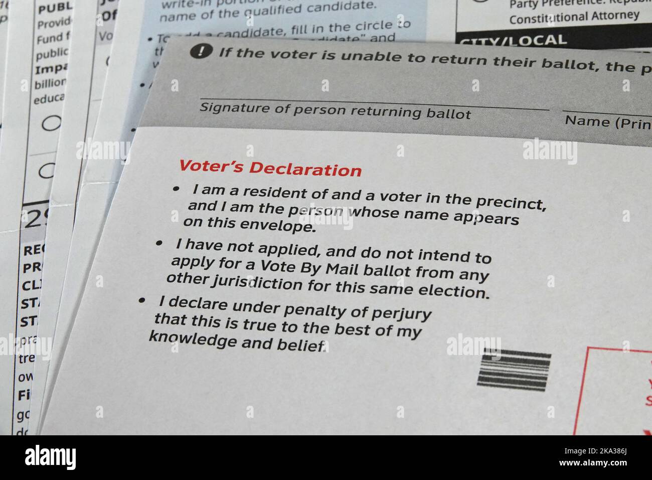 In the USA, a Voter’s Declaration on a vote-by-mail ballot attests the person voting is a resident of the precinct and hasn't voted elsewhere. Stock Photo