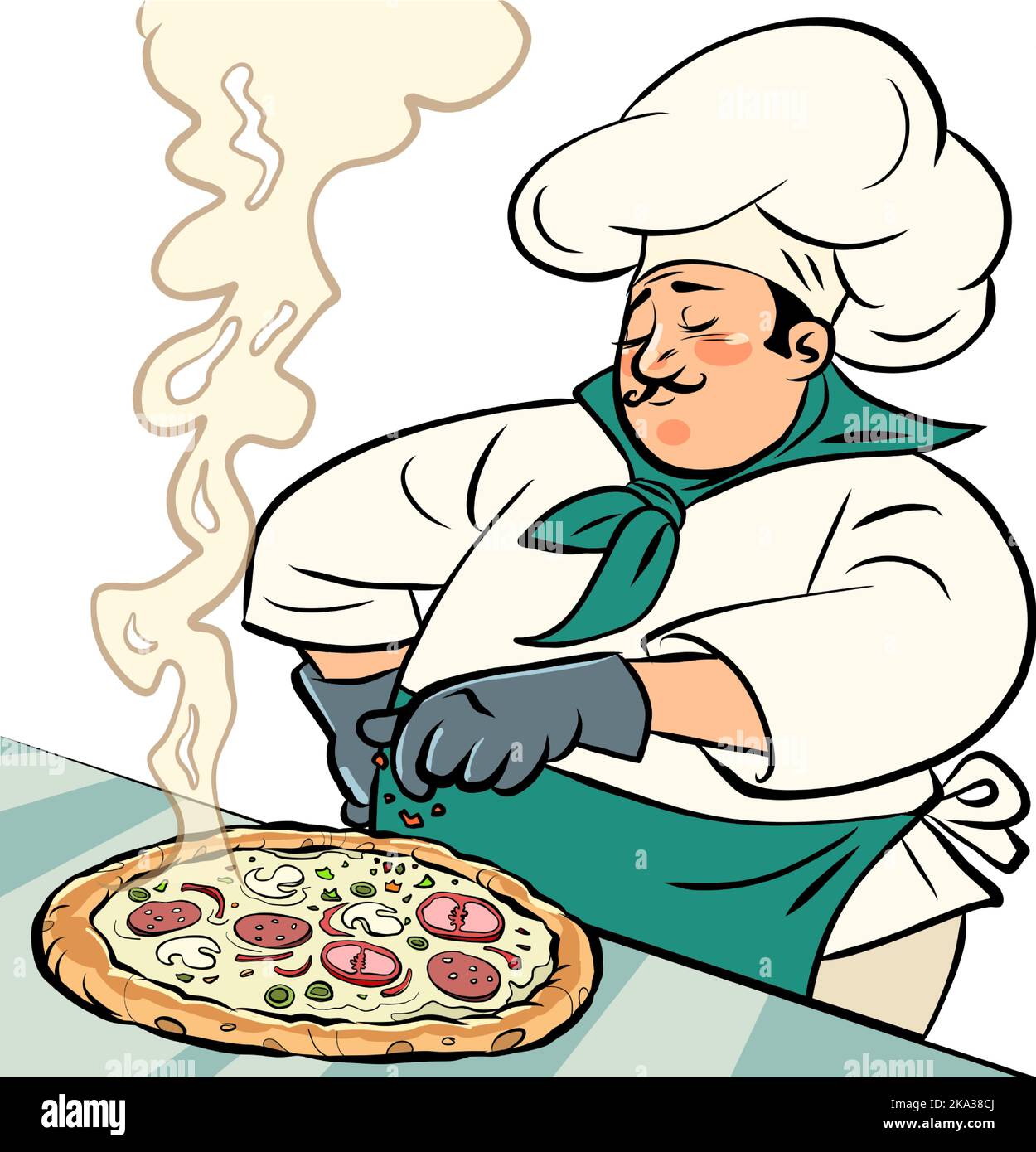 pizza restaurant, chef man preparing a dish, ingredients, street traditional italian food Stock Vector