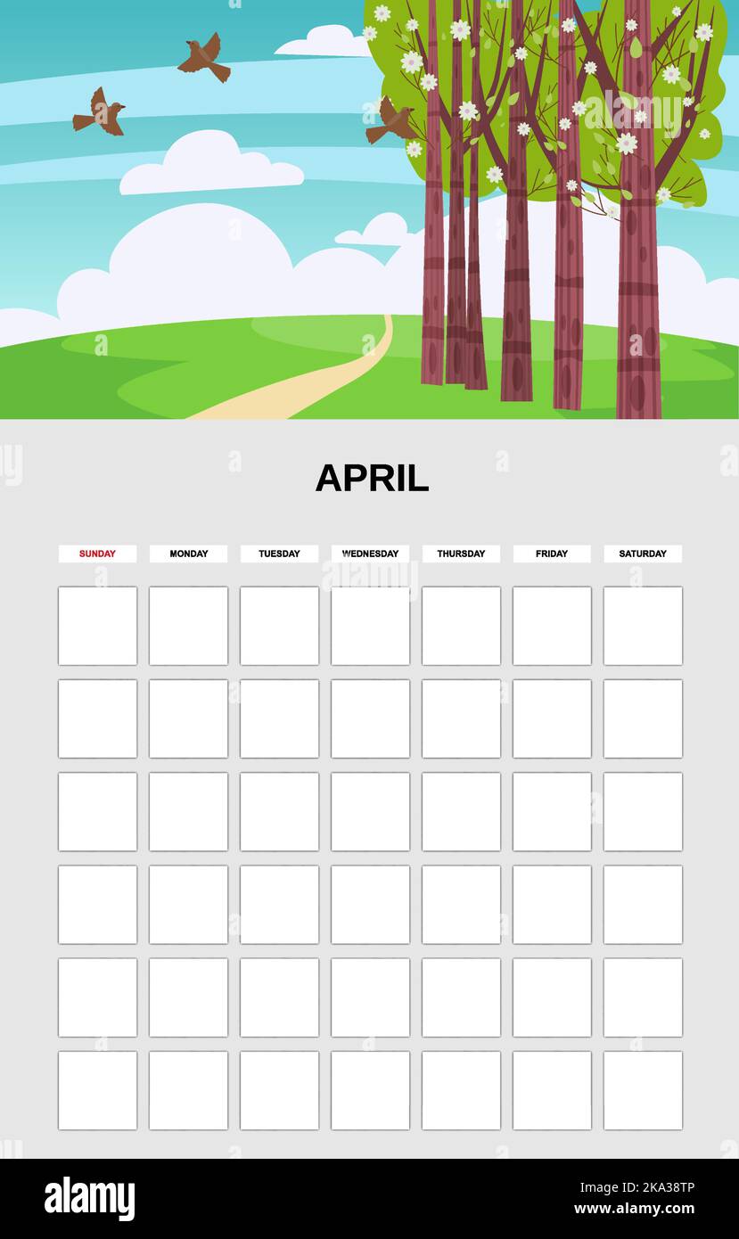 April Calendar Planner month. Minimalistic park hill landscape natural ...