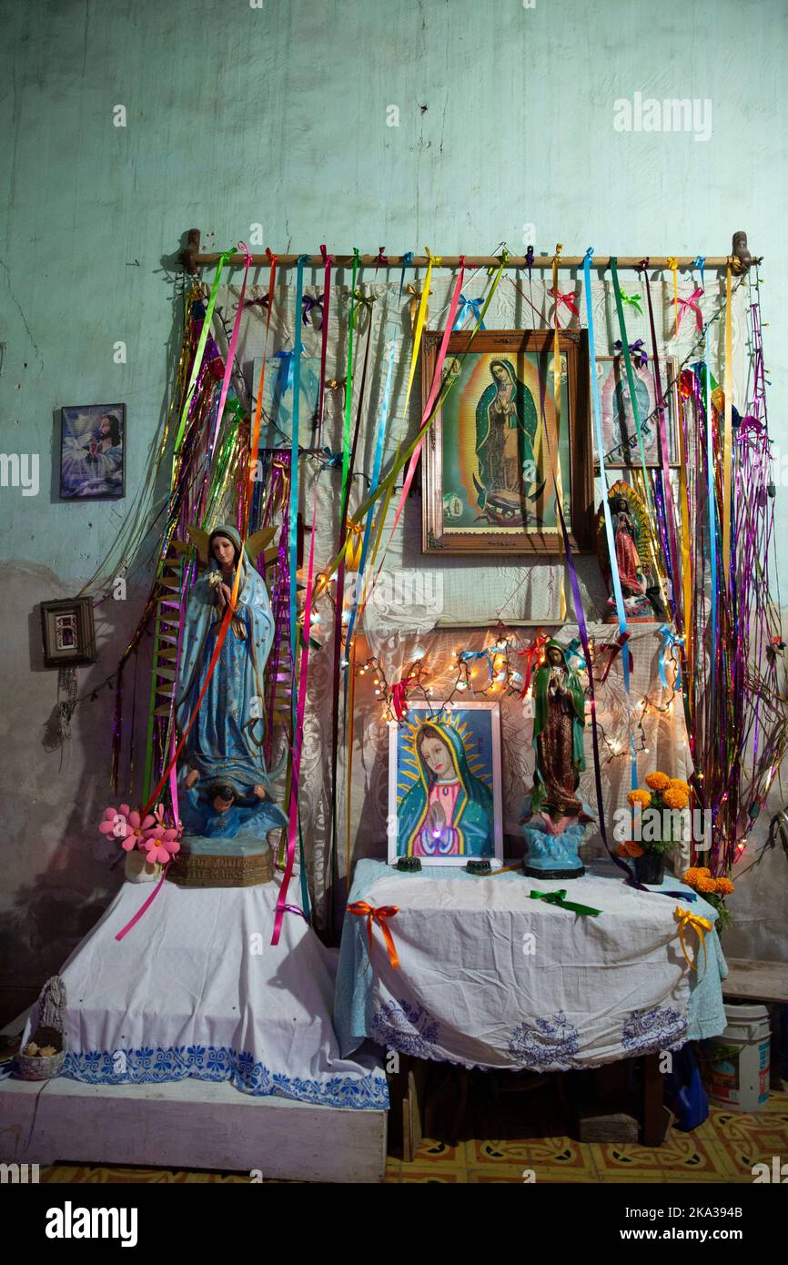 An altar with several representations of Our Lady of Guadalupe seen during the Paseo de las Ánimas (“Walk of the souls”), a parade that goes from the General Cemetery to Parque de San Juan during Hanal Pixán in Mérida, Yucatán, Mexico on October 28, 2022. Hanal Pixán, which means “food for the souls,” is an ancient Mayan tradition carried out to remember friends and relatives who have passed away. It occurs every year, from October 31 to November 2, when the souls are permitted to return and visit their relatives. Hanal Pixán coincides with the better known Mexican tradition of Día de Muertos Stock Photo
