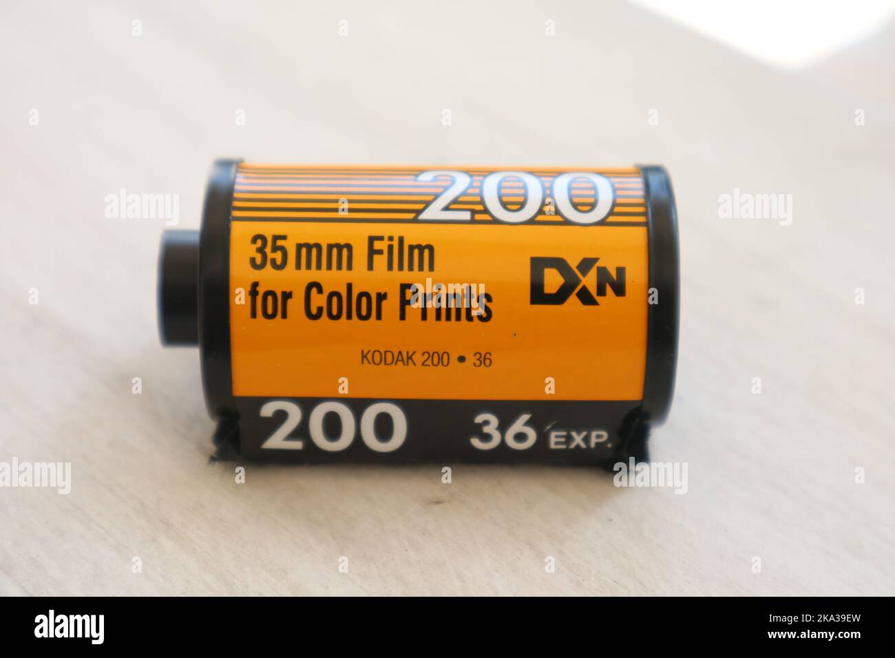 A closeup shot of a Kodak Kodacolor 200 asa 35mm camera film on a white background Stock Photo