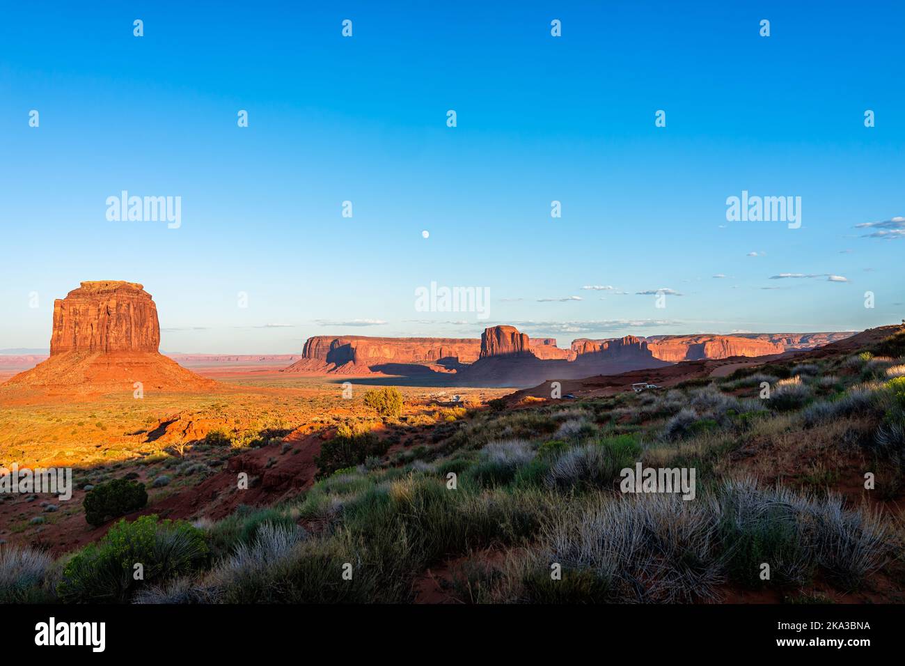 Monument Valley Merrick Butte and horizon at sunset colorful light in