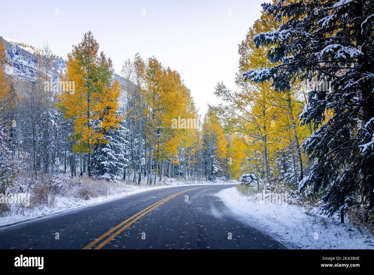 Aspen, Colorado Maroon Bells creek empty road in Rocky Mountains in