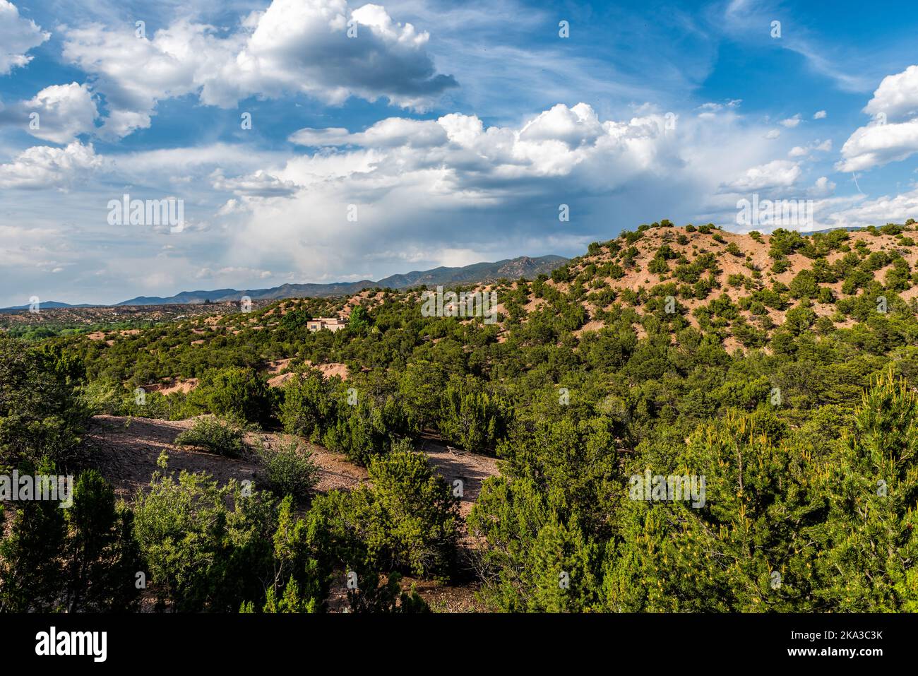 Sunset evening in Santa Fe, New Mexico Tesuque community neighborhood