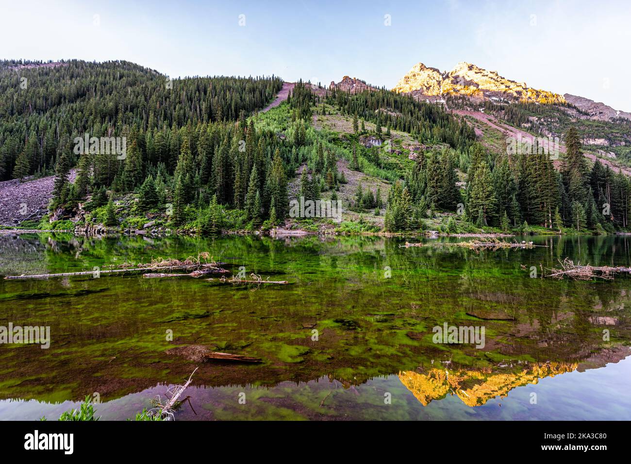 Maroon Bells lake sunrise in Aspen, Colorado with Rocky Mountain peak