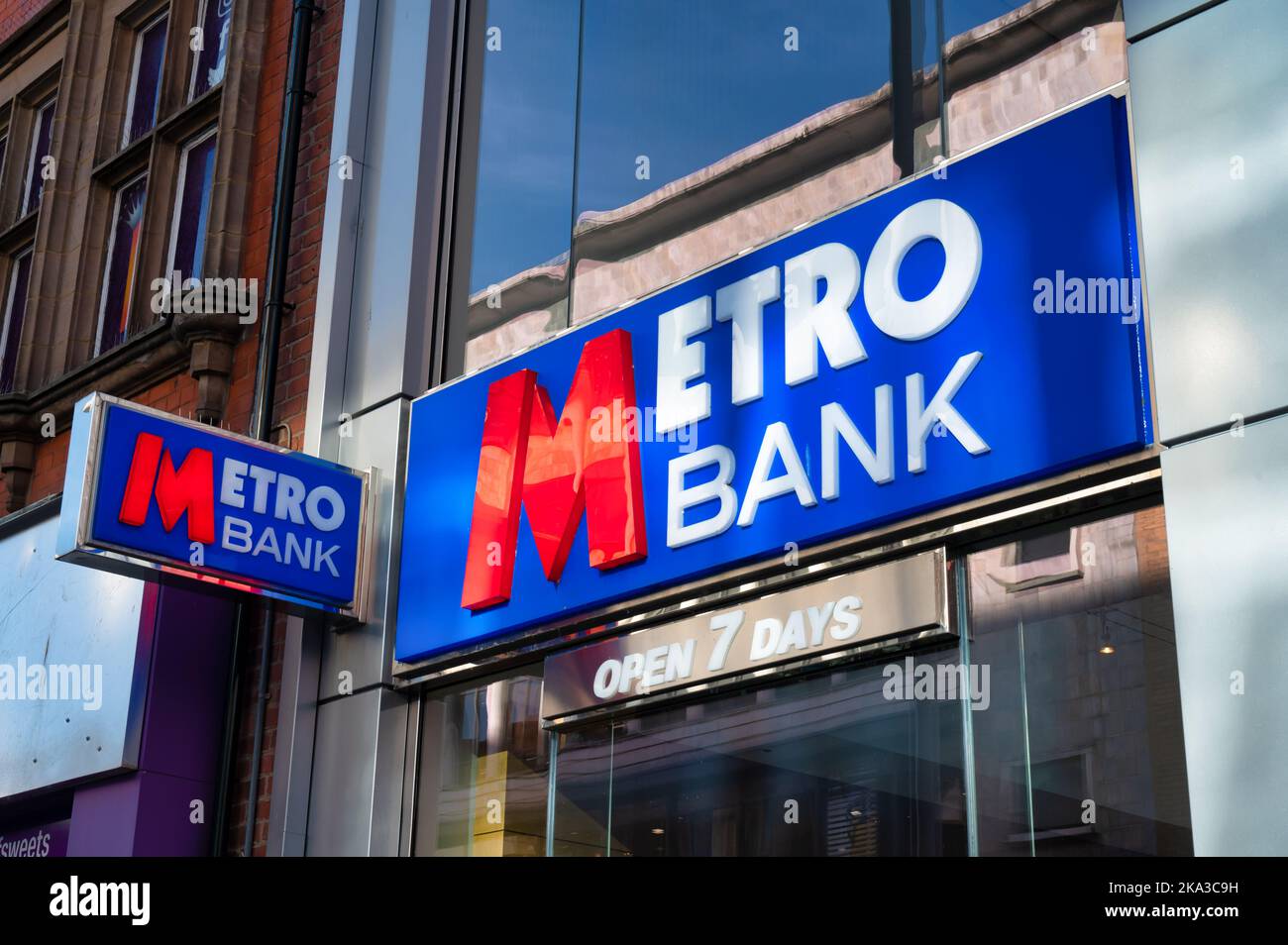 Liverpool, UK- Sept 7, 2022: The sign for Metro Bank in Liverpool