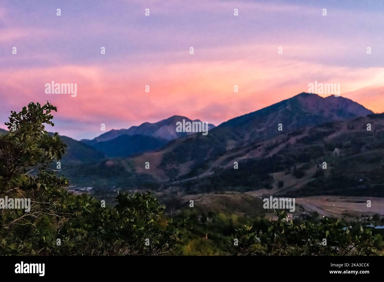 Aspen highlands in Colorado colorful purple pink twilight sunset in rocky mountains roaring fork valley with autumn foliage in fall season Stock Photo