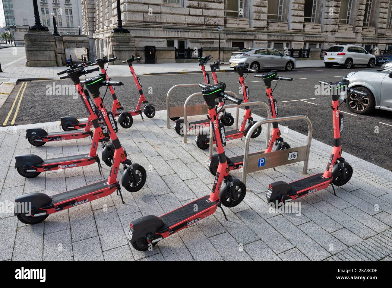 Liverpool, UK- Sept 7, 2022: A group of Voi. electric scooters in Liverpool City Centre Stock Photo