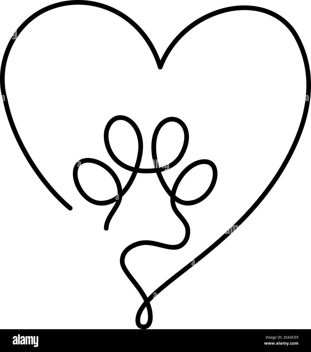 Heart with cat or dog paw in continuous one line drawing logo. Minimal ...