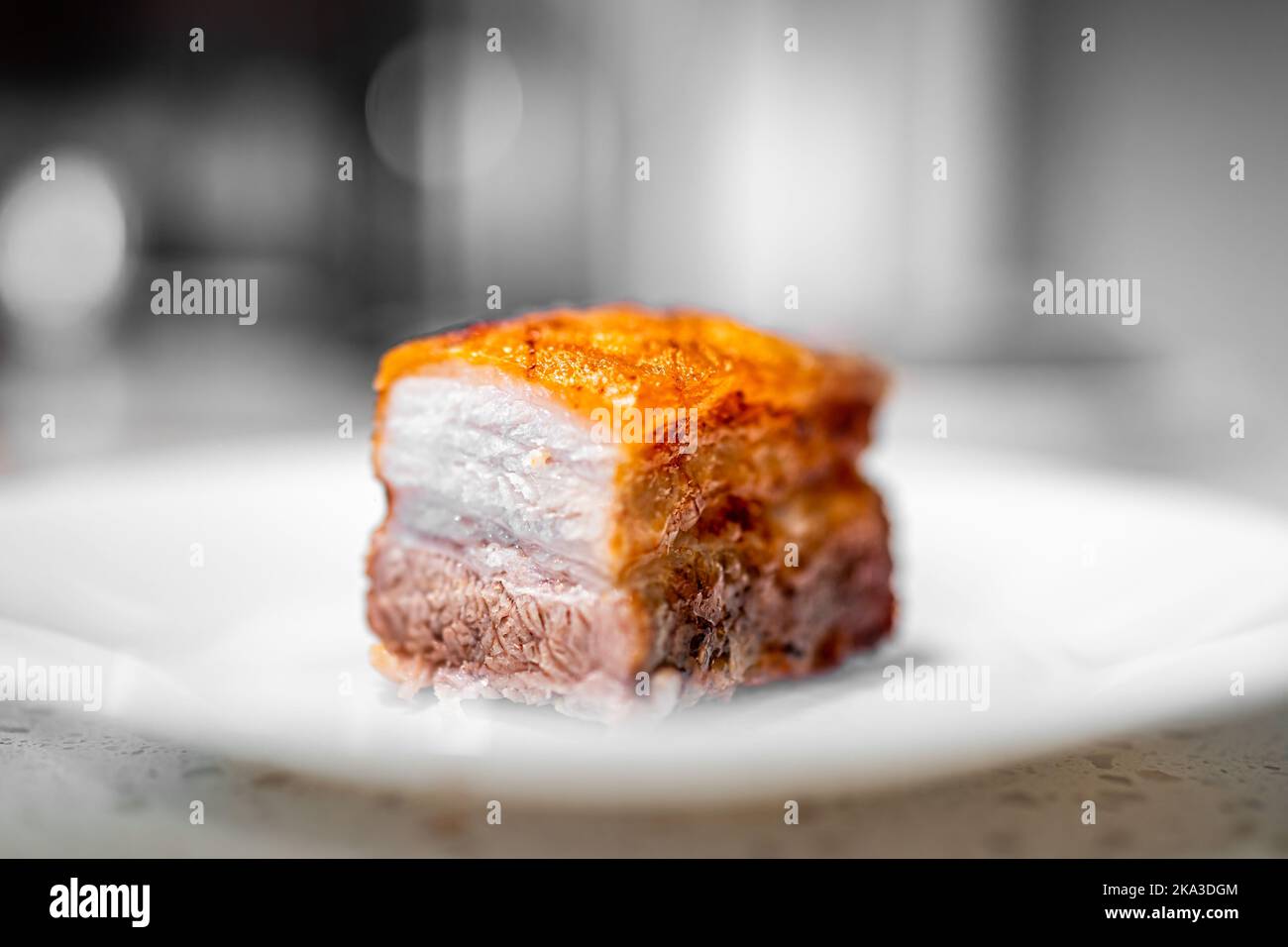 Macro closeup side view of cut fresh barbecue cooked baked fried pork