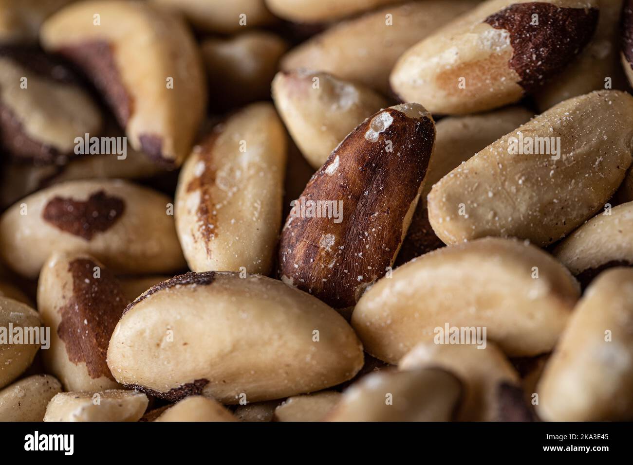 Full frame closeup of delicious raw Brazil nuts with sugar powder