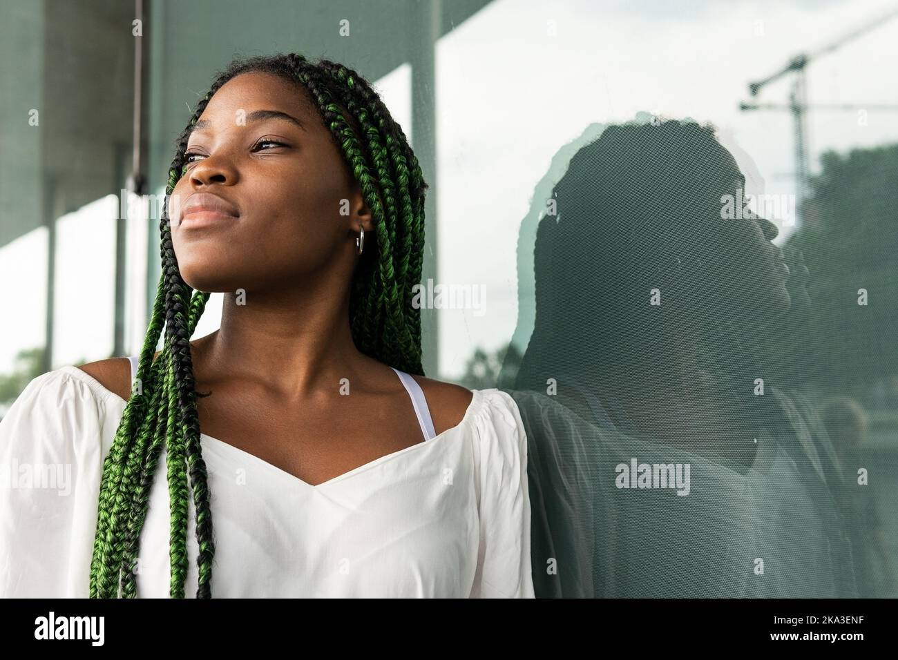 Cool young African American woman with long afro braids standing at ...