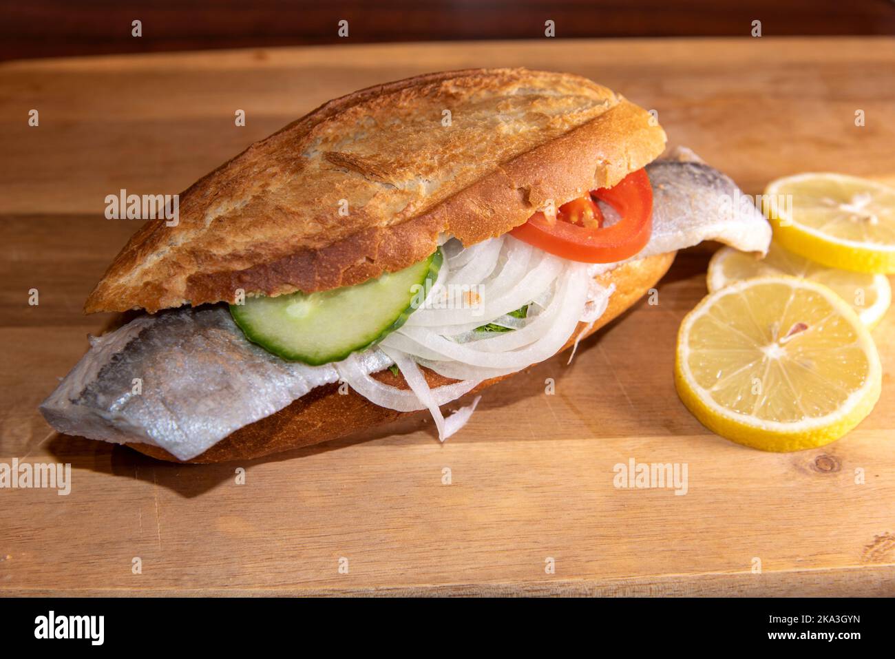 a delicious fish specialty from hamburg - fish sandwich - Hamburger Fischbrötchen - super lecker Stock Photo