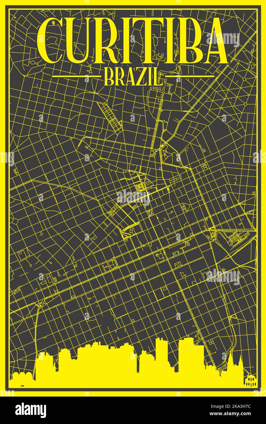 Handdrawn downtown streets network printout map of CURITIBA, BRAZIL