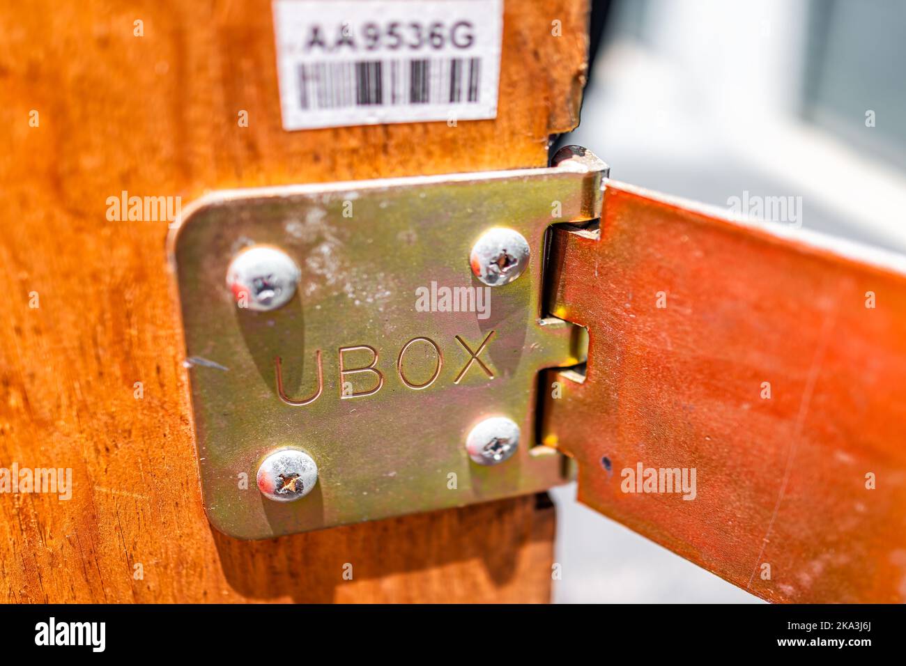 Ft Myers, USA May 16, 2022 Macro closeup of Uhaul Ubox door hinge