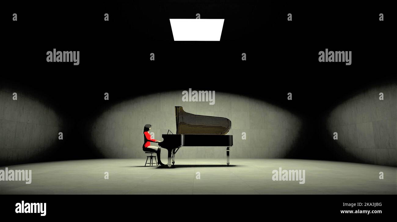 A woman in a red blouse plays the piano in the rays of everything falling through a hole in the ceiling of a dark concrete room. 3d render. Stock Photo