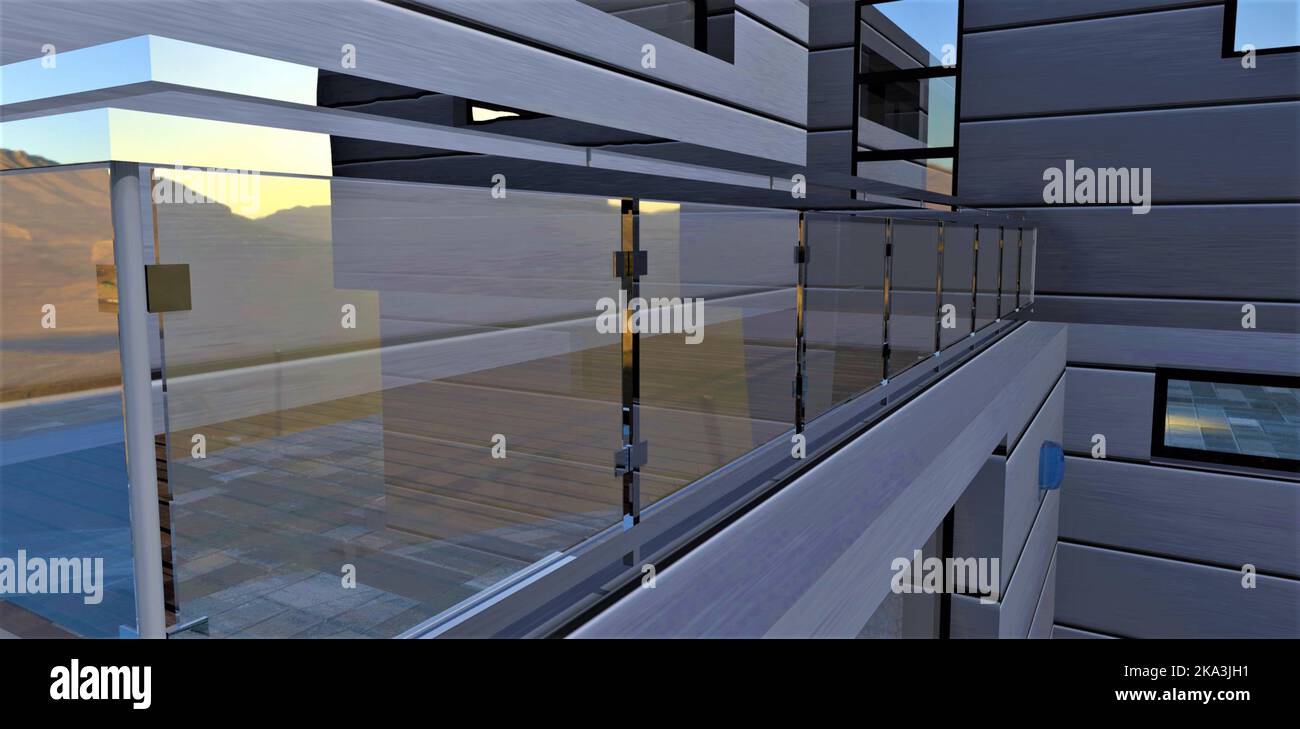Stylish balcony glass railing with steel fittings and chrome railings