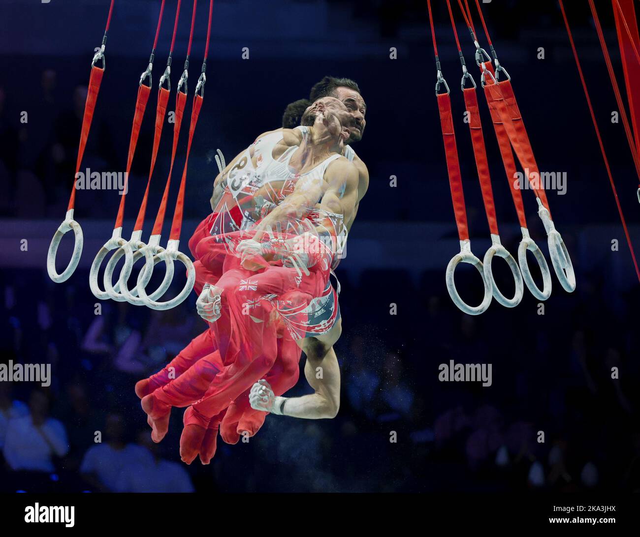 31st October 2022,  M&amp;S Bank Arena, Liverpool, England; 2022 World Artistic Gymnastics Championships; Men's Qualification Rings -     James Hall (GBR) multiple exposure Stock Photo