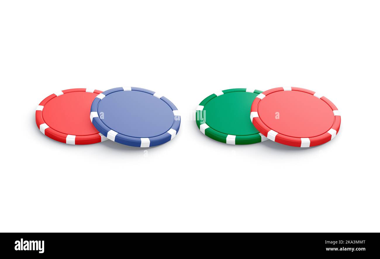 Blank colored plastic round chip mockup pair, side view, 3d rendering
