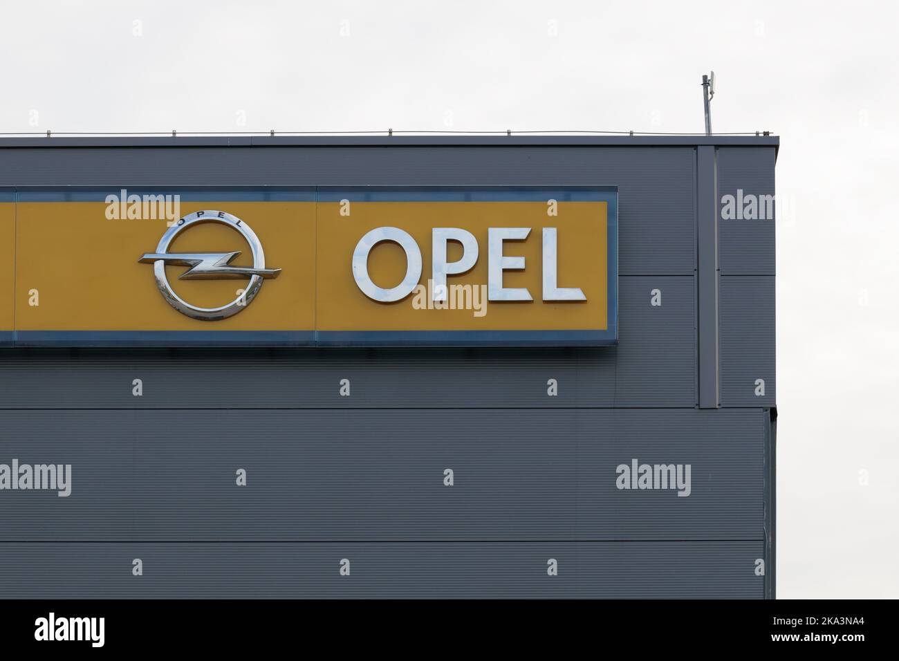 Poland, Poznan - October 30, 2022: Opel official dealership logo, dealership store.Opel Automobile GmbH is a German company Stock Photo