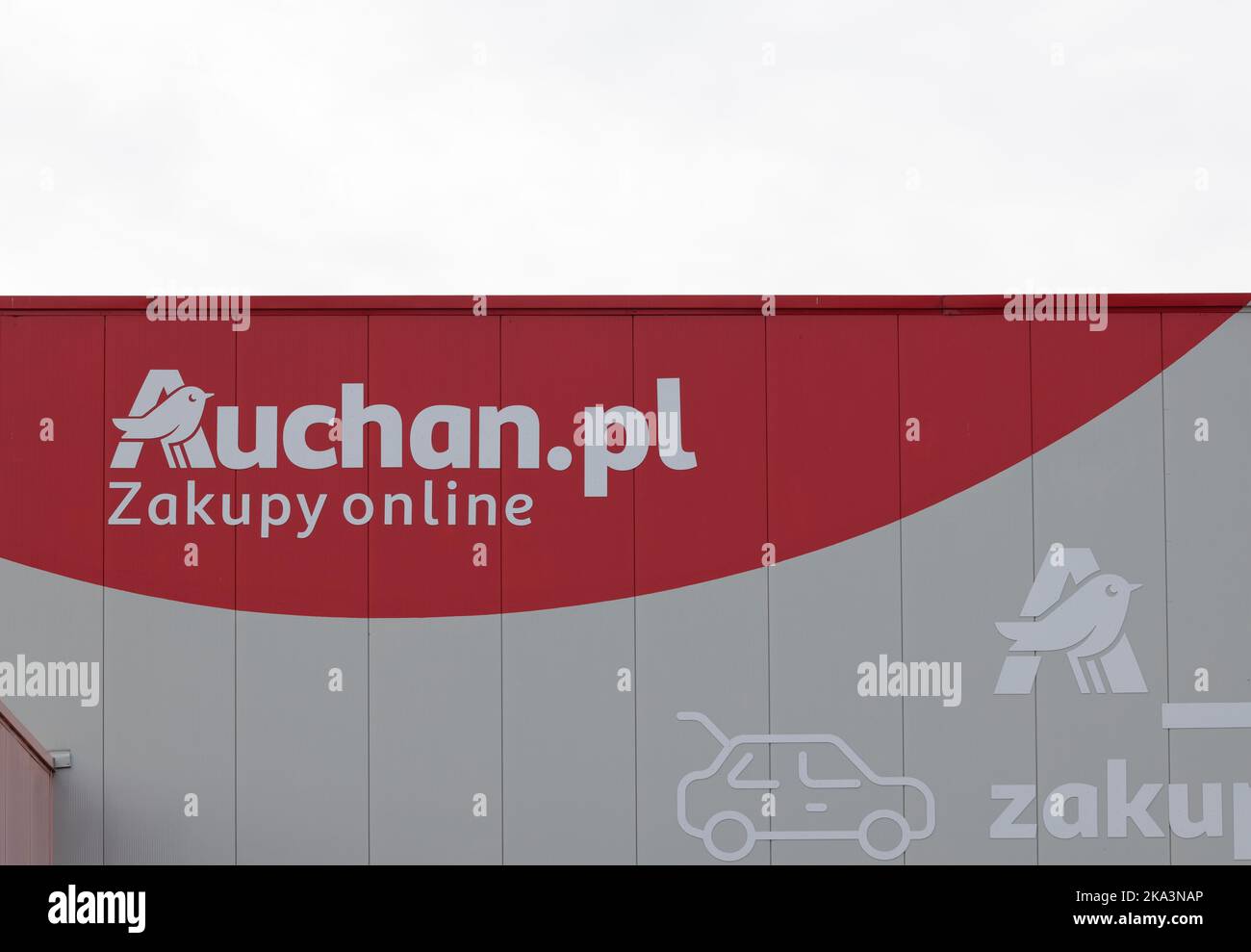 Poland, Poznan - October 30, 2022: Logo or symbol of Auchan in a retail park Auchan is a French chain of hypermarkets, supermarkets and superstores. Stock Photo