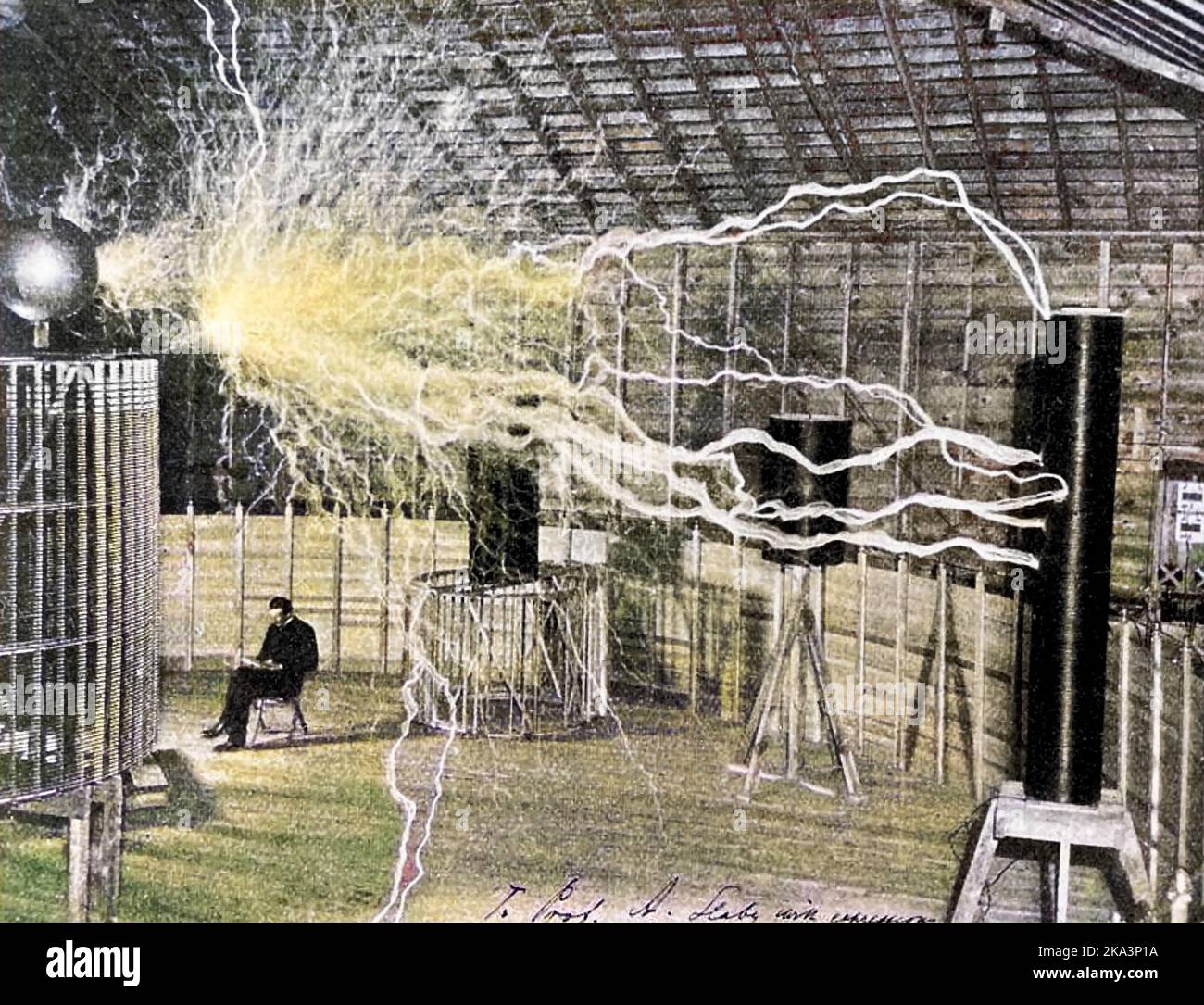 NIKOLA TESLA (1856-1943) Serbian-American  in electrical engineer with his 'magnifying transmitter' in a double exposure photo about 1900. Photo: BIPS Stock Photo