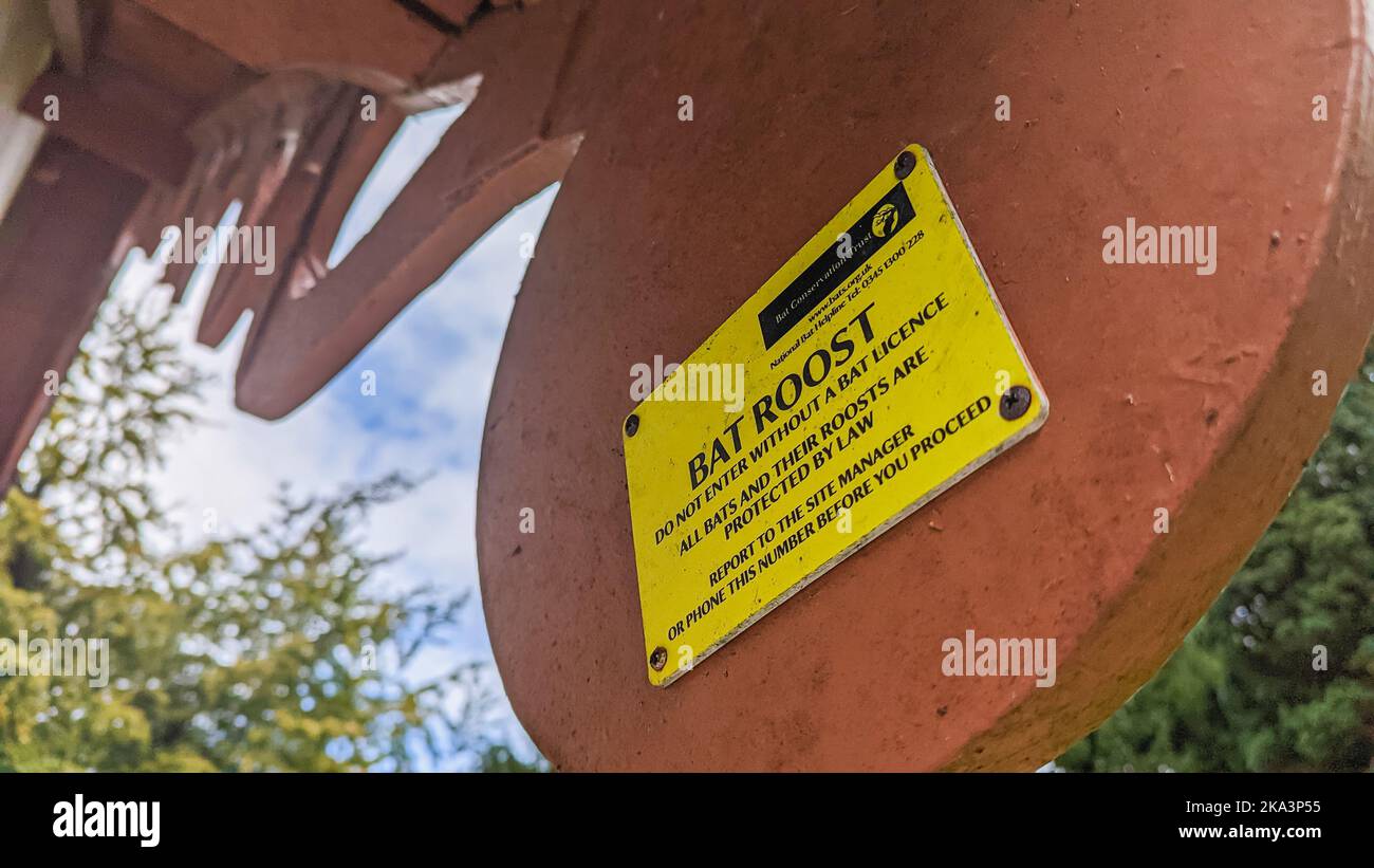 Sign on a building warning people that bats are roosting inside, and that only licenced bat handlers are permitted to enter. Stock Photo