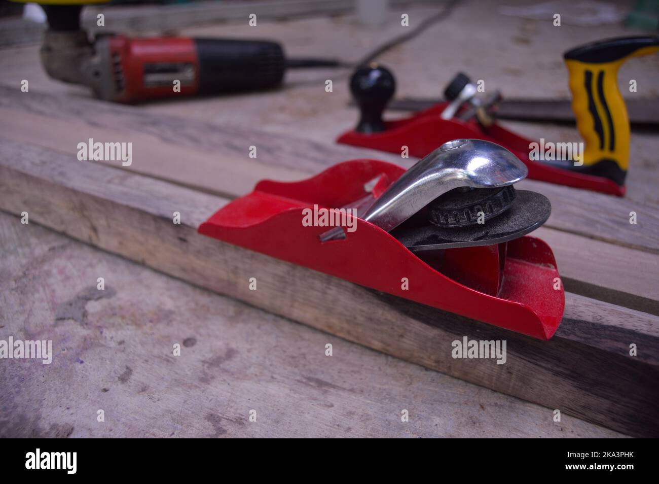 wood smoothing tool with wood craft background. manual craft tools without machines Stock Photo