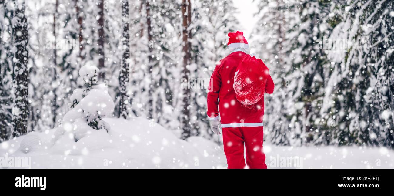 Santa Clause walking through the snowy forest in snowfall. Stock Photo