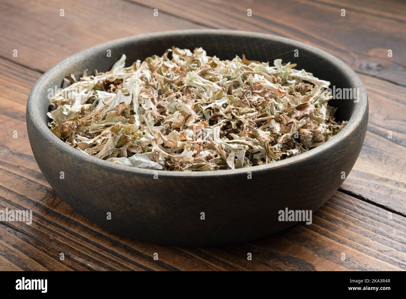 Bowl of dried Iceland moss for making healthy herbal cough tea.  Icelandic moss, natural cough medicine. Alternative herbal medicine. Stock Photo