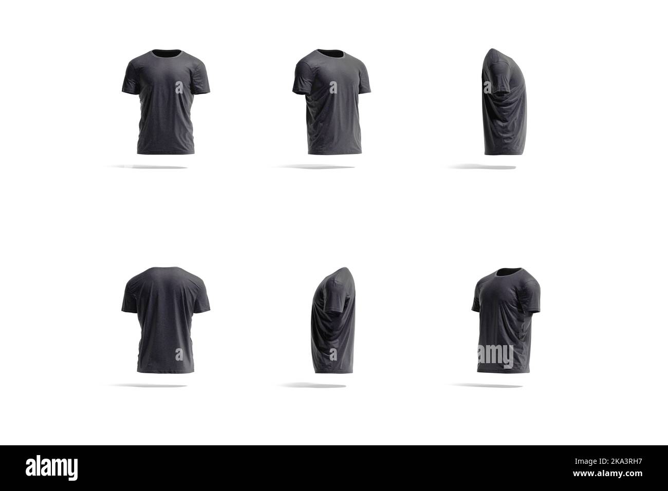 Blank black wrinkled t-shirt mockup, rotation angles of all sides, 3d ...