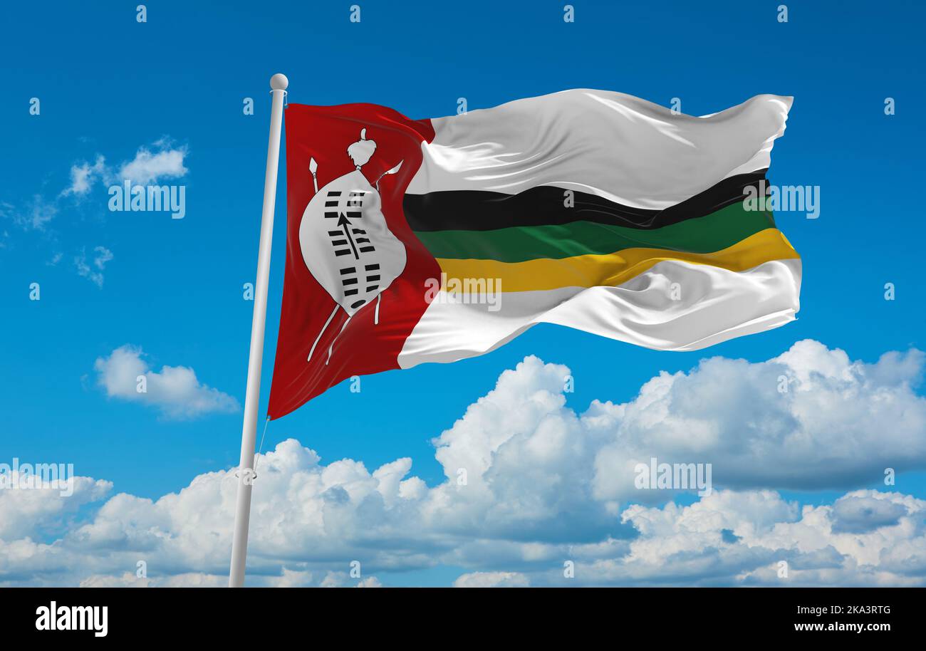  flag of Bantu peoples Zulu people at cloudy sky background, panoramic ...