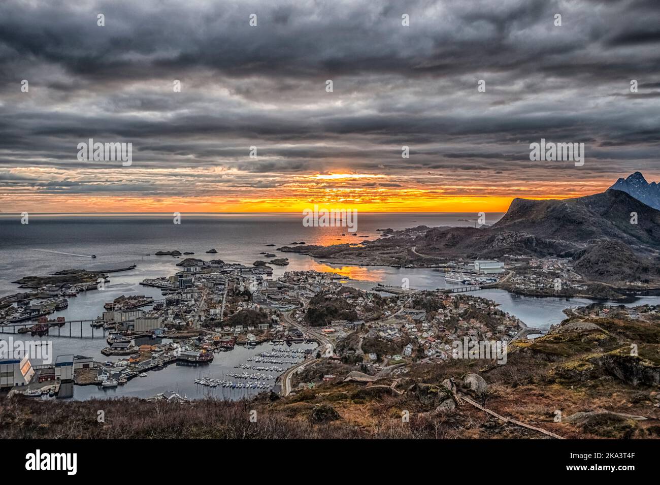 Aerial view of Svolvaer town at sunset, Austvagoya, Lofoten, Nordland ...