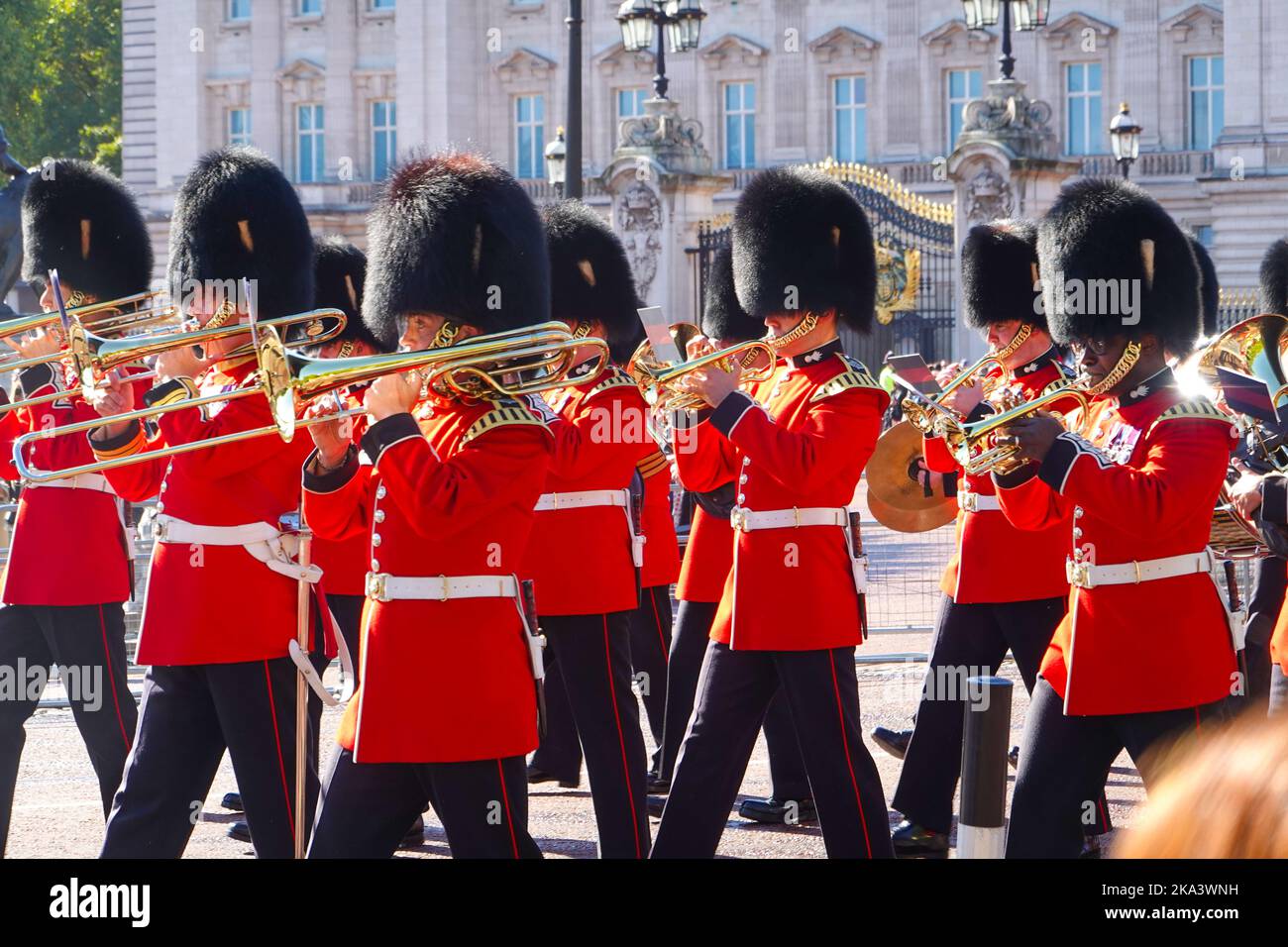 Brass section of band marching in the traditional changing of the guard