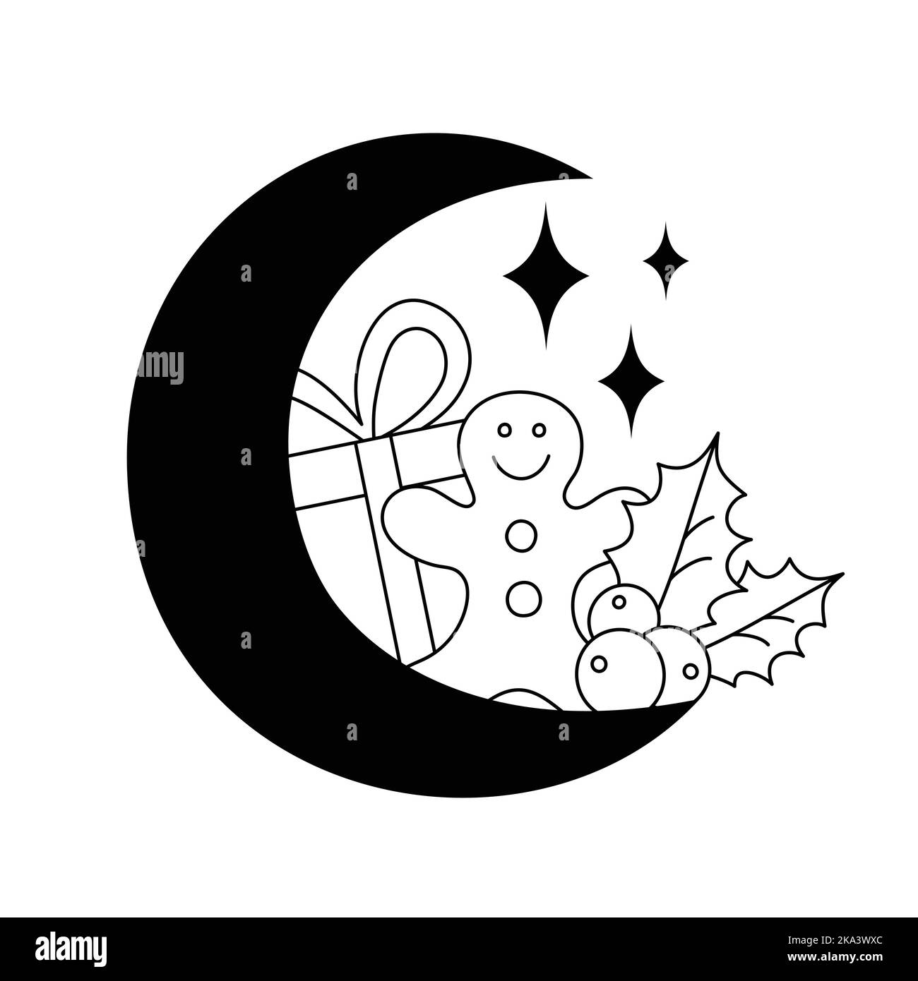 Christmas elements with a moon in a linear style.  Stock Vector