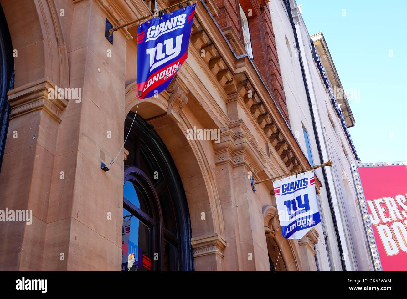 New York Giants London 2022 banners on building in central London the day after the Giants beat the Green Bay Packers in American Football in the UK. Stock Photo