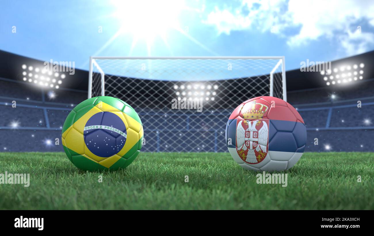 Two soccer balls in flags colors on stadium bright blurred background. Brazil and Serbia. 3d image Stock Photo