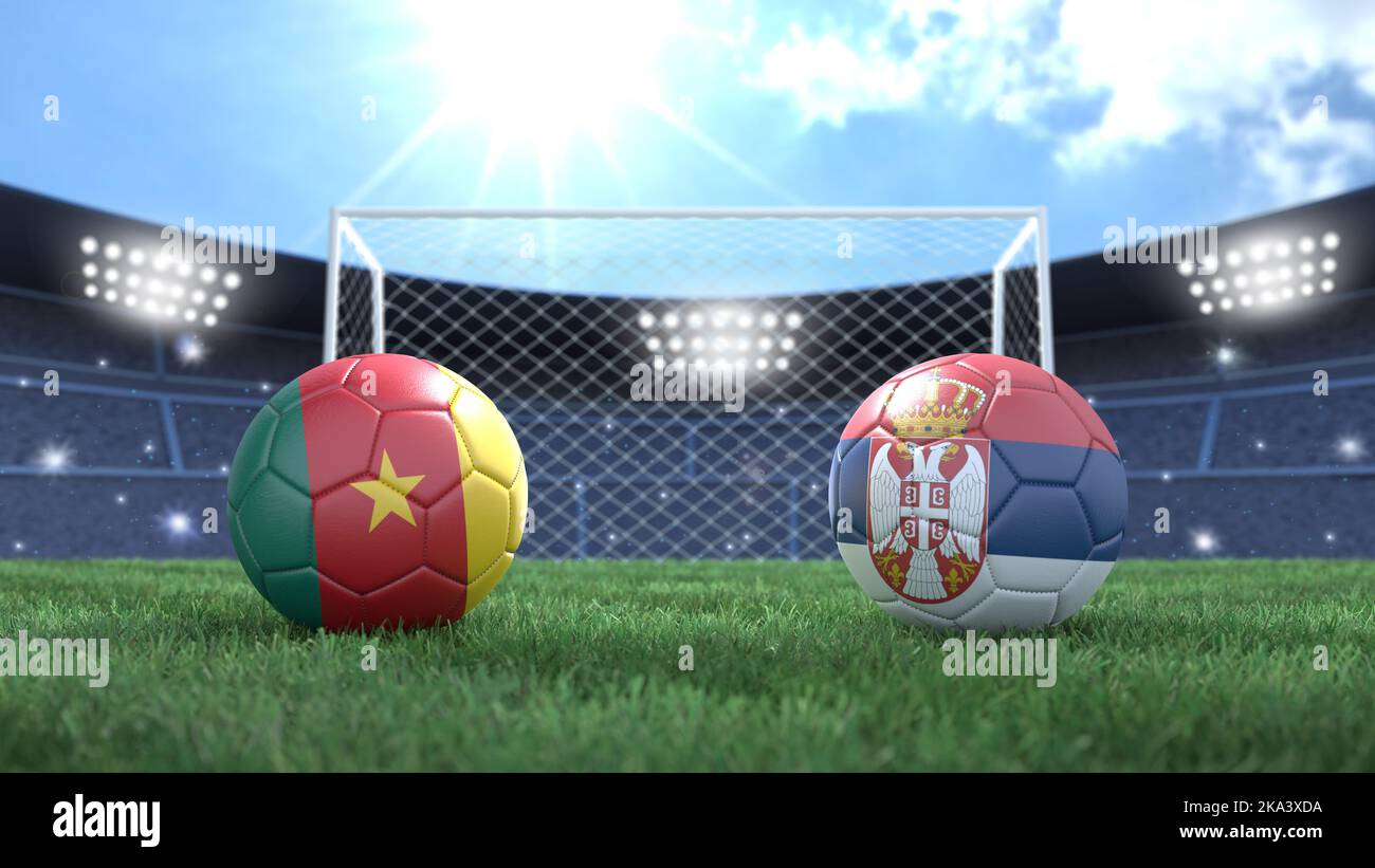 Two soccer balls in flags colors on stadium bright blurred background. Cameroon and Serbia. 3d image Stock Photo