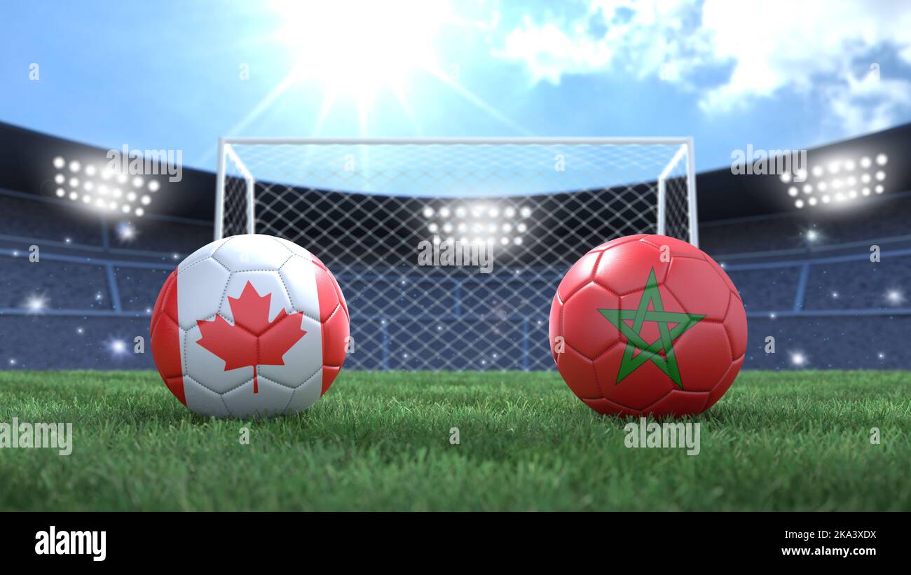 Two soccer balls in flags colors on stadium bright blurred background ...