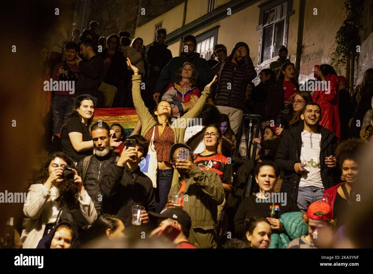 Porto, Portugal. 31st Oct, 2022. People are seen celebrating Lula da Silva's victory in the presidential elections to the sound of samba music. Hundreds of people gathering at Ferro Bar, Porto, to celebrate Lula da SIlva's victory in the presidential elections. (Photo by Telmo Pinto/SOPA Images/Sipa USA) Credit: Sipa USA/Alamy Live News Stock Photo