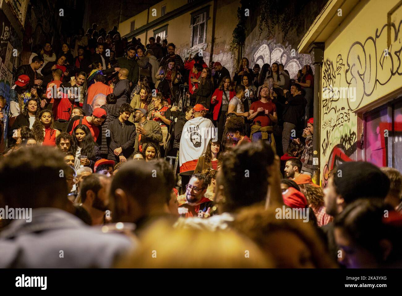 Porto, Portugal. 31st Oct, 2022. People are seen celebrating Lula da Silva's victory in the presidential elections to the sound of samba music. Hundreds of people gathering at Ferro Bar, Porto, to celebrate Lula da SIlva's victory in the presidential elections. (Photo by Telmo Pinto/SOPA Images/Sipa USA) Credit: Sipa USA/Alamy Live News Stock Photo