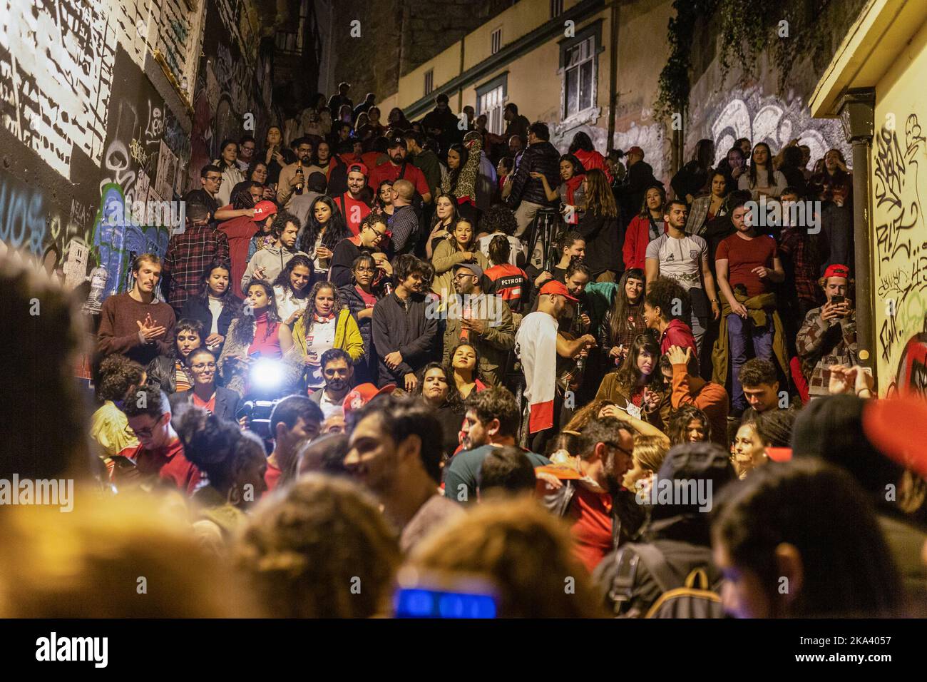 Porto, Portugal. 31st Oct, 2022. People are seen celebrating Lula da Silva's victory in the presidential elections to the sound of samba music. Hundreds of people gathering at Ferro Bar, Porto, to celebrate Lula da SIlva's victory in the presidential elections. (Photo by Telmo Pinto/SOPA Images/Sipa USA) Credit: Sipa USA/Alamy Live News Stock Photo