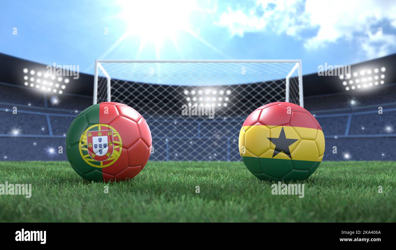 Two soccer balls in flags colors on stadium bright blurred background. Portugal and Ghana. 3d image Stock Photo
